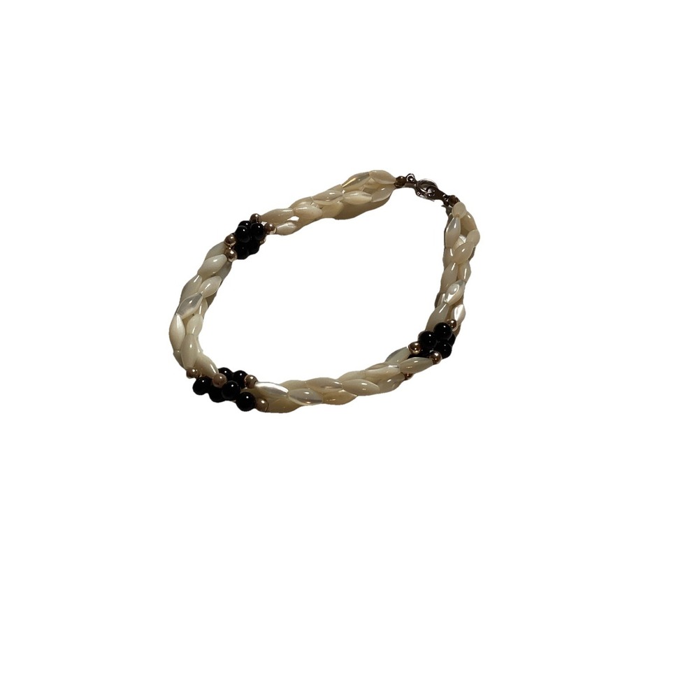 Simulated Freshwater Pearl Beaded Bracelet Twisted Strands White Black Gold Tone